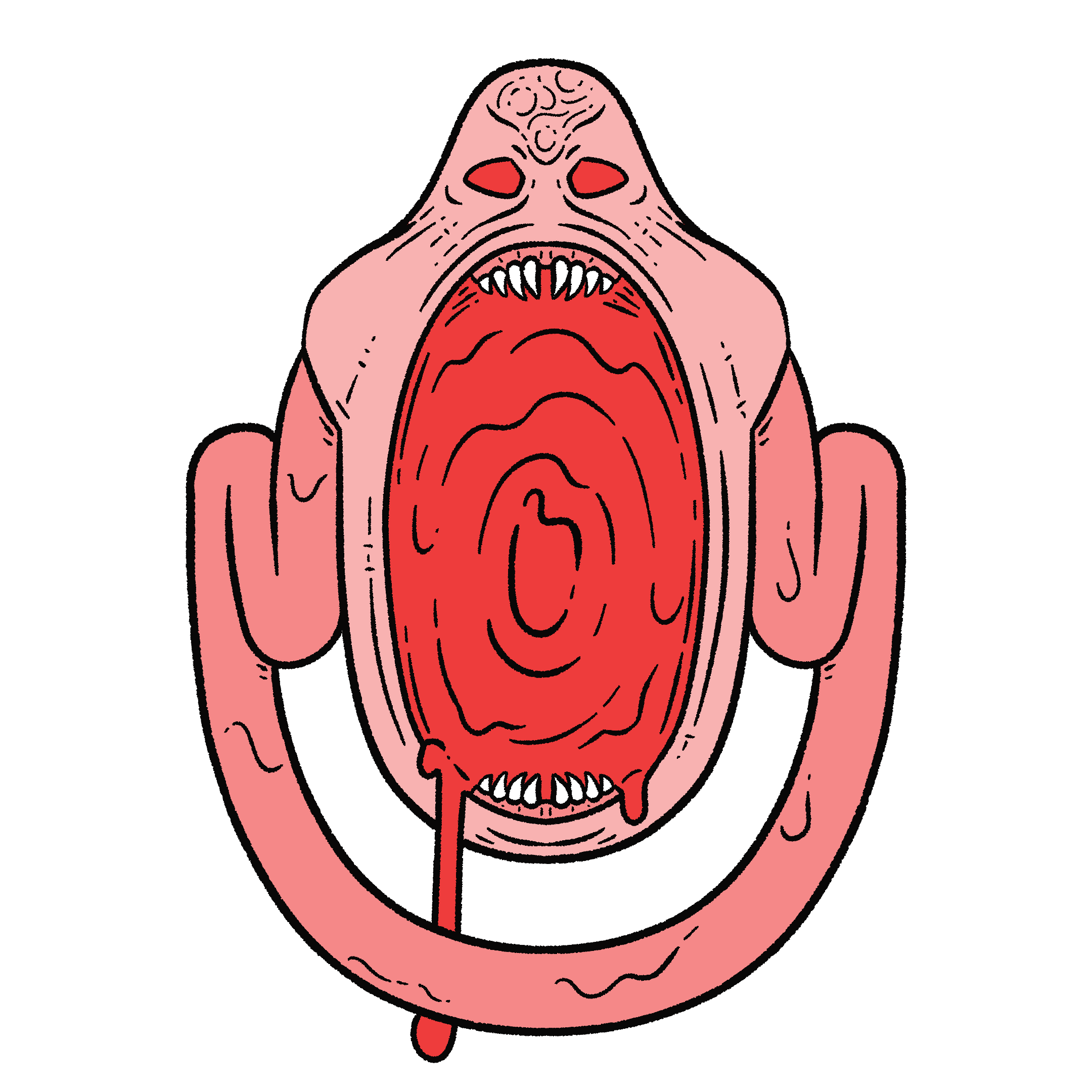 An illustration of a floating pink creature with red eyes and a gaping maw, within which swirls a portal of blood. From its 'shoulders' sprouts a connected fleshy tendril.